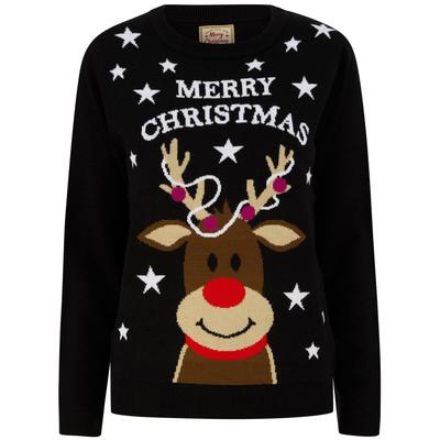 Jumpers Women’s Tangled Reindeer Motif Novelty Christmas Jumper in Jet Black - Merry Christmas / 14 - Tokyo Laundry