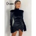 Cnyishe-Mini Robe en Velours pour Femme Manches sulf Streetwear Monochromatique Gaine Slim Robes