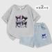 Sanrios Kawaii Anime Kuromi Cute Cartoon Kids Casual Set Summer New Short Sleeve Denim Shorts Two-Piece Set Birthday Gift