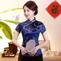 Chemisier en Satin traditionnel chinois pour femmes Blouse Sexy bleu marine fleur Vintage