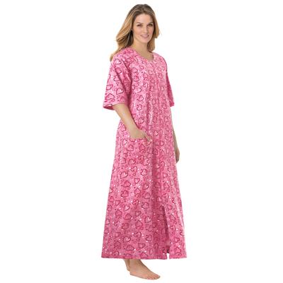 Plus Size Women's Long French Terry Zip-Front Robe by Dreams & Co. in Pink Hearts (Size M)