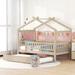 Twin Size Platform Bed Wooden Creativity House Bed with Twin Size Trundle Bed with Headboards and Full-Length Guardrail