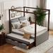 Nordic Creative Full Size Upholstered Canopy Bed w/ 3 Drawers and Rolling Trundle Wooden Bed Frame and Solid Wood Slats Support