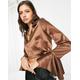 River Island satin frill cuff shirt in brown