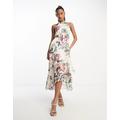 Lipsy halterneck midi dress with wrap skirt in floral print-Pink