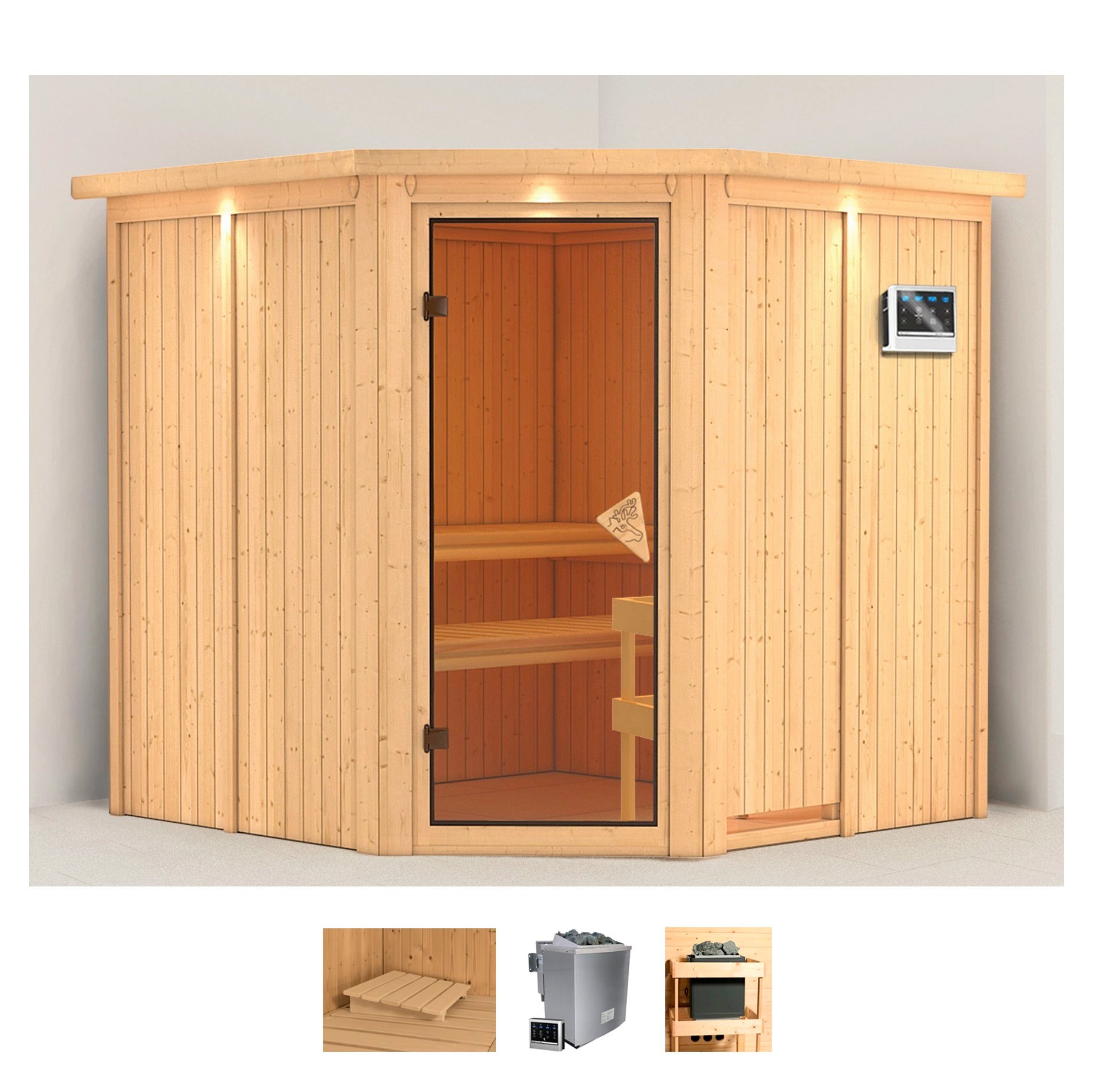 Sauna KARIBU "Jarin", beige (naturbelassen), Bio-Kombiofen, externe Steuerung, 9 kW, Saunen, Ofen 9 kW Bio externe Strg easy