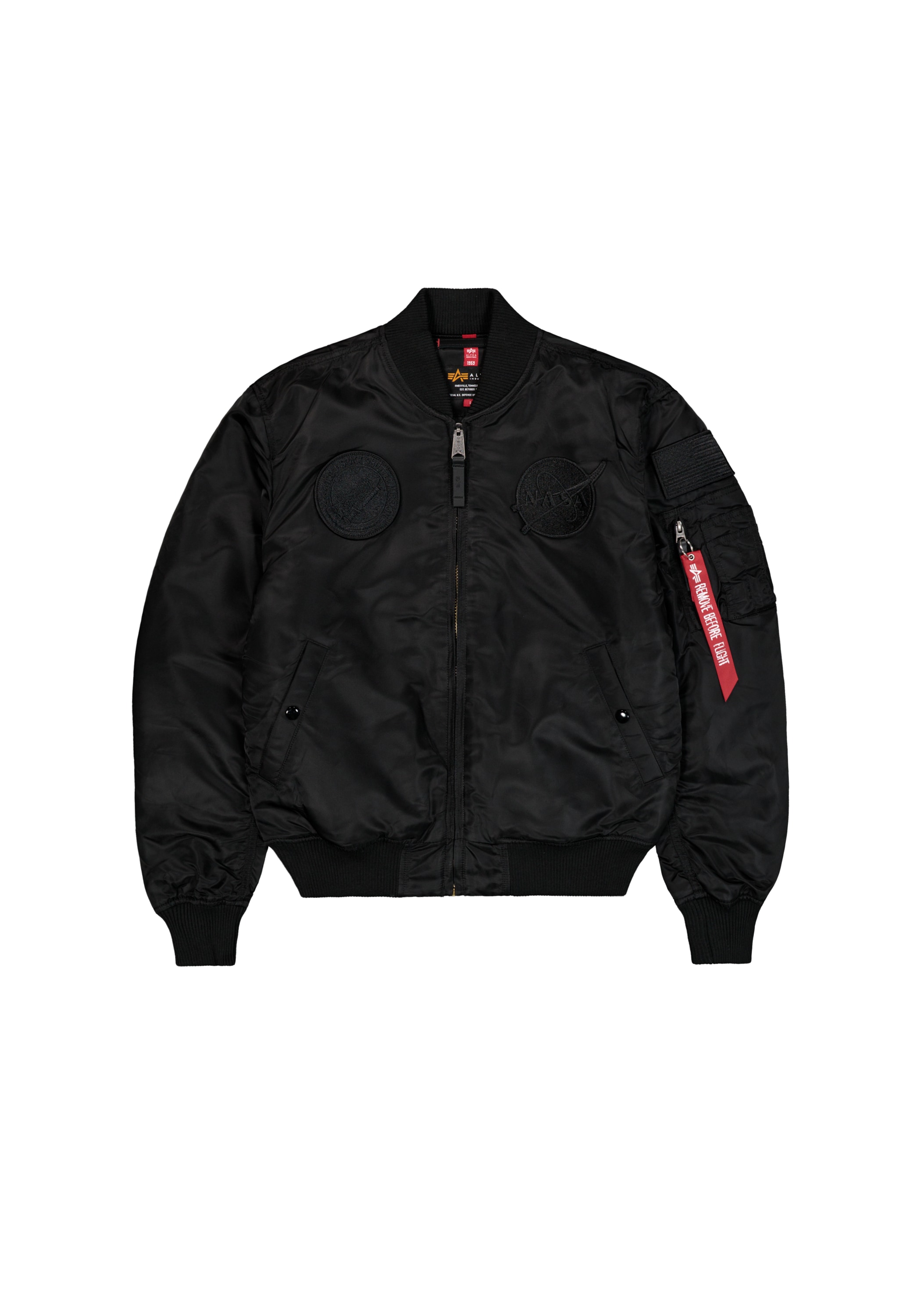 Bomberjacke ALPHA INDUSTRIES "MA-1 VF Vintage Fit NASA", Herren, Gr. S, schwarz (all schwarz), Obermaterial: 100% Nylon; Futter: 100% Nylon; Füllung: 100% Polyester, Jacken Bomberjacke
