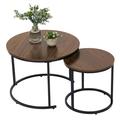 BIGTREE Modern Round Nesting Coffee Table Set 2 Pcs Solid Metal Frame Brown Small