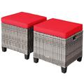 2 PCS Patio Rattan Ottomans Outdoor Wicker Foot Stool with Cushions Red