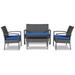 4 Piece Outdoor Loveseat Table Chairs Set Glass Top Resin Wicker Blue- Saltoro Sherpi