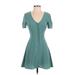 Blue Rain Casual Dress - A-Line Plunge Short sleeves: Teal Print Dresses - Women's Size 2X-Small