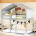 Twin Over Twin Bunk Bed with Tent, Fence Shaped Soild Wood Playhouse Platform Bed with Stairs for Kids Bedroom