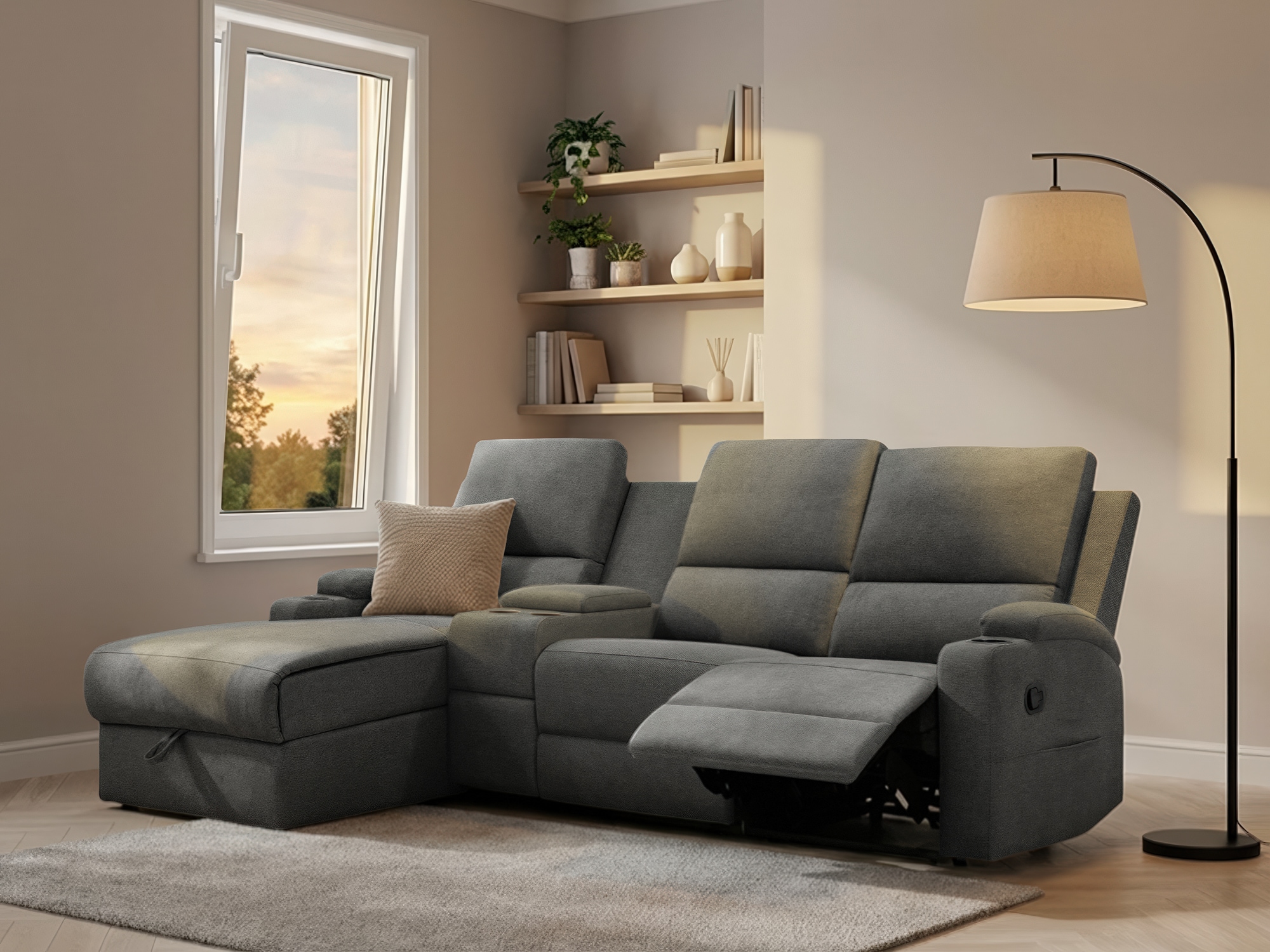Ecksofa OTTO HOME "NAPORI Multimediasofa, 3er Kinosessel XXL, L-Form, 3 Bezugsstoffe", grau (anthrazit), B:240cm H:105cm T:155cm, Sofas, Ecksofa, Kinosofa mit Relaxfunktion, Getränkehalter, Staufach und Staukasten, Topseller