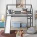 Kids Loft Bed with Slide, Twin Loft Bed Frame,House Loft Bed with Slide for Kids, Wood Low Loft Bed Twin with Roof