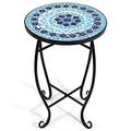 Side Table Outdoor Mosaic Round 14 Inch W/Glass Table Top and Steel Frame for Patio Lawn Garden Balcony and Home Decor Small End Table (Blue)