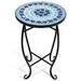 Side Table Outdoor Mosaic Round 14 Inch W/Glass Table Top and Steel Frame for Patio Lawn Garden Balcony and Home Decor Small End Table (Blue)