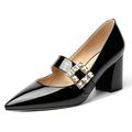 NUMALEO Women Patent 2.5 Inch Dating Bungee Block Dress Pointed Toe Ankle Strap Mid Heel Court Shoes Black Size 8