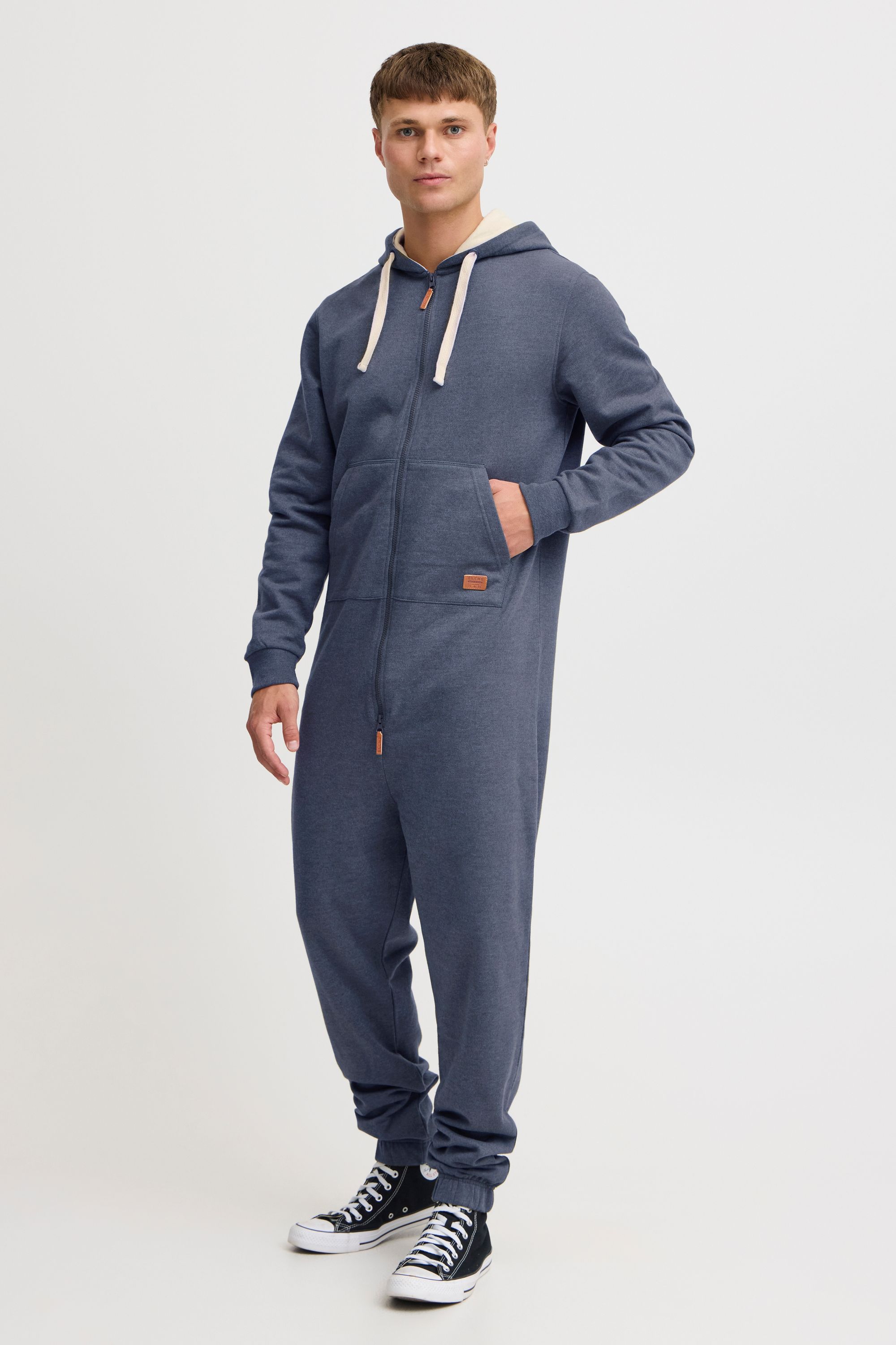 Overall BLEND "BHSalinho", Herren, Gr. XL, US-Größen, blau (navy), Sweatware, 60% Baumwolle, 40% Polyester, unifarben, regular fit lang, ohne Ausschnitt, Overalls Overall, Overall mit Fleece-Kapuze