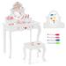 Costway Kids Vanity and Stool Set with 360° Rotatable Mirror and Whiteboard-White