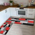 Kitchen Rugs Set of 2- Red Black and Grey Modern Geometric Non-Slip Washable Floor Mats - Comfort Sink and Laundry Room Runner - Contemporary Abstract Art Design Decor 17x47.2 and 17x30 inches