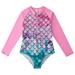 Girls Long Sleeve One Piece Swimsuit Zipper UPF 50+ Rashguard Swimwear 2-12 Years