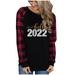 Womens 2022 New Year Round Neck T Shirt Plaid Printing Long Sleeve Christmas Top Blouse