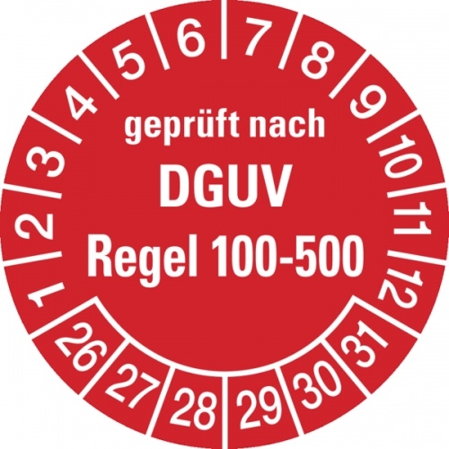 König Werbeanlagen Prüfplakette ab 26, DGUV Regel 100-500, rot/weiß, Folie, Ø 30 mm - Bogen = 10 Plaketten - 30 mm Folie selbstklebend Image