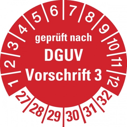 König Werbeanlagen Prüfplakette ab 27, geprüft nach DGUV Vorschrift 3, rot/weiß, Ø 30 mm - Bogen = 10 Plaketten - 30 mm Dokumentenfolie selbstklebend Image