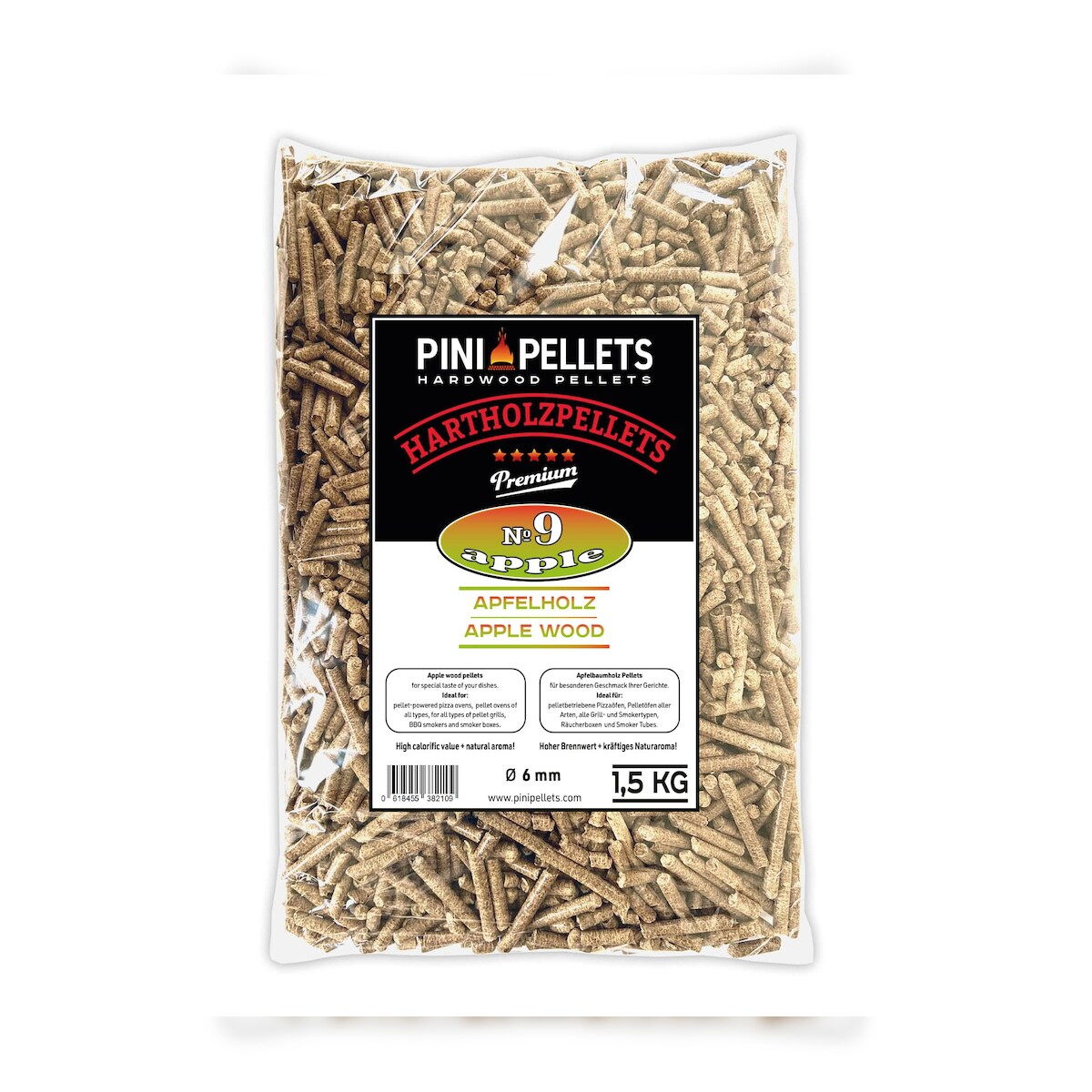 PINI Grillpellets Nr. 9 Apfel 1,5 kg BBQ Hartholzpellets zum Grillen Räuchern Smoken Image