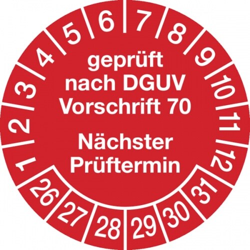 König Werbeanlagen Prüfplaketten ab 26, DGUV Vorschrift 70 Nächster Prüftermin, rot/weiß, Folie, Ø 30 mm - Bogen = 10 Stk. - 30 mm Folie selbstklebend Image
