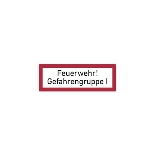 Feuerwehrschild, Feuerwehr! Gefahrengruppe I - DIN 4066 - 297x105x0.45 mm Aluminium geprägt