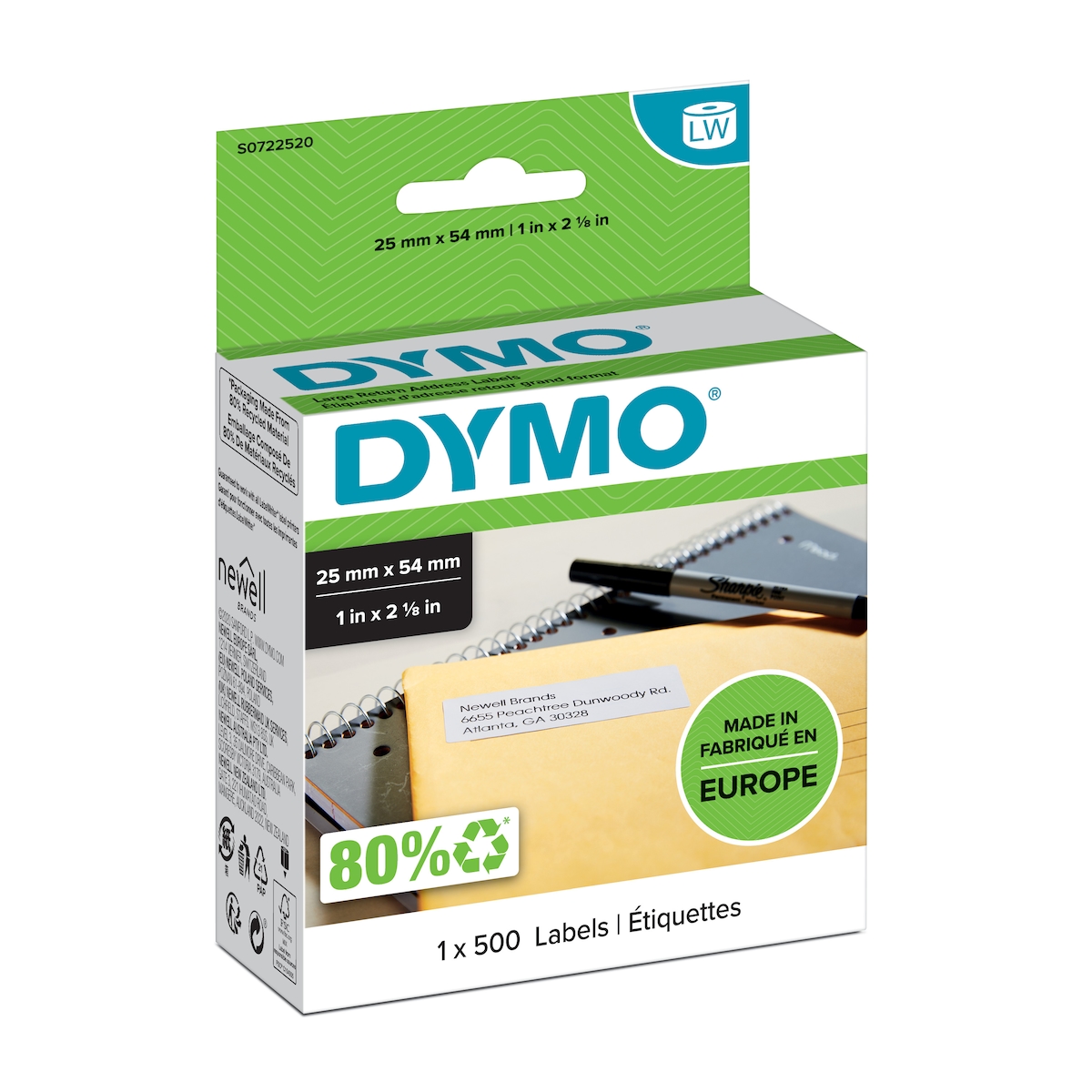 DYMO Original Etiketten für Labelwriter 25x54mm Rücksendung weiß permanent 1 x 500 Etiketten S0722520 Image