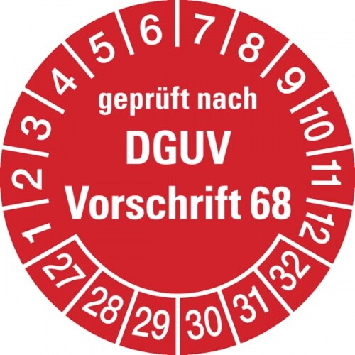 König Werbeanlagen Prüfplaketten ab 27, geprüft nach DGUV Vorschrift 68, rot/weiß, Folie, Ø 30mm - Bogen = 10 Plaketten - 30 mm Folie selbstklebend Image