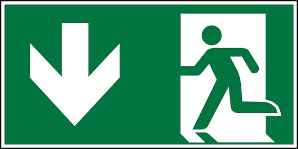 Rettungszeichen, Notausgang, abwärts gehen - ASR A1.3 (DIN EN ISO 7010) - 400x200 mm Folie selbstklebend, nachleuchtend Image