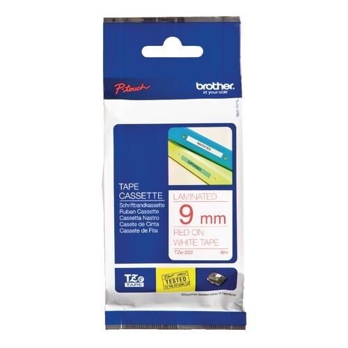 Brother TZe-222 Authentic Schriftband Selbstklebend Roter Druck auf Weiß 9 mm x 8m Image