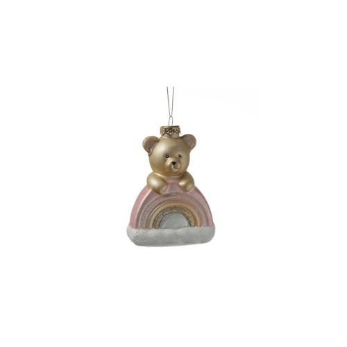 Weihnachtsbaumschmuck Teddybär mit Regenbogen Glas H: 13,5cm rosa