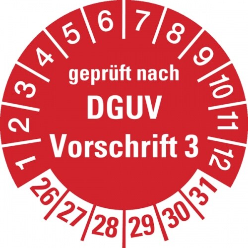 König Werbeanlagen Prüfplakette ab 26, geprüft nach DGUV Vorschrift 3, rot/weiß, Ø 30 mm - Bogen = 10 Plaketten - 30 mm Folie selbstklebend Image