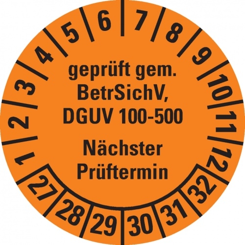 Dreifke® Prüfplakette gep.gem.BetrSichV,DGUV 100-500,NP,27-32,orange,Dokufolie,Ø30mm,18 St/Bogen Image