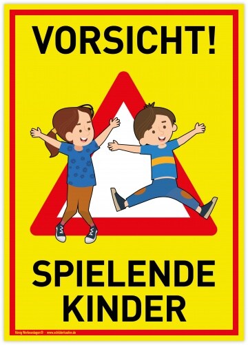 Großes Schild Vorsicht! Spielende Kinder | PVC 30 x 42 cm | Achtung Spieplatz | Langsam! Spielende Kinder | gelb | PVC-Schild mit UV-Schutz | Dreifke Image