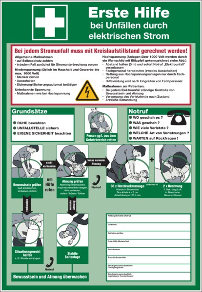 Aushang, Erste Hilfe bei Unfällen durch elektrischen Strom - praxisbewährt - 410x595x1.5 mm Kunststoff Image
