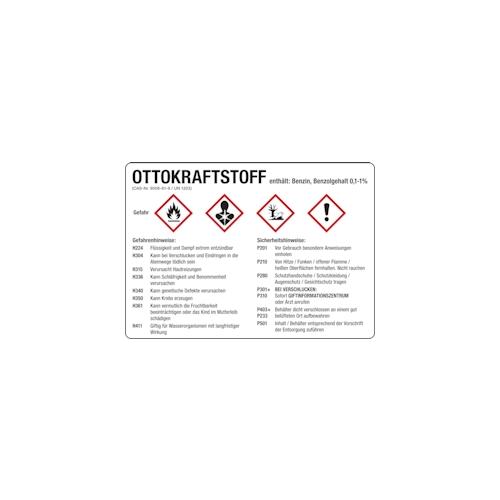 Gefahrstoffetikett, Ottokraftstoff, Benzin, Folie, mit H- und P-Sätzen /GHS/CLP/GefStoffV – 148×105 mm Folie selbstklebend