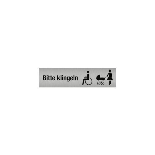 Bitte klingeln Rollstuhlfahrer/Kinderwagen, Edelstahl, selbstklebend, 160×40 mm