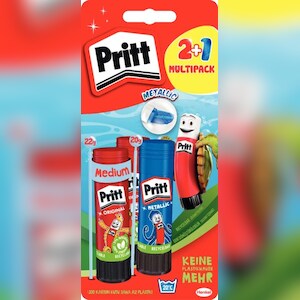 Pritt Klebestift 2 + 1, Sonderedition, sortiert, 2 x 22 g, 1 x 20 g, Lösemittel und PVC frei, auswaschbar, Farbe nicht wählbar Image