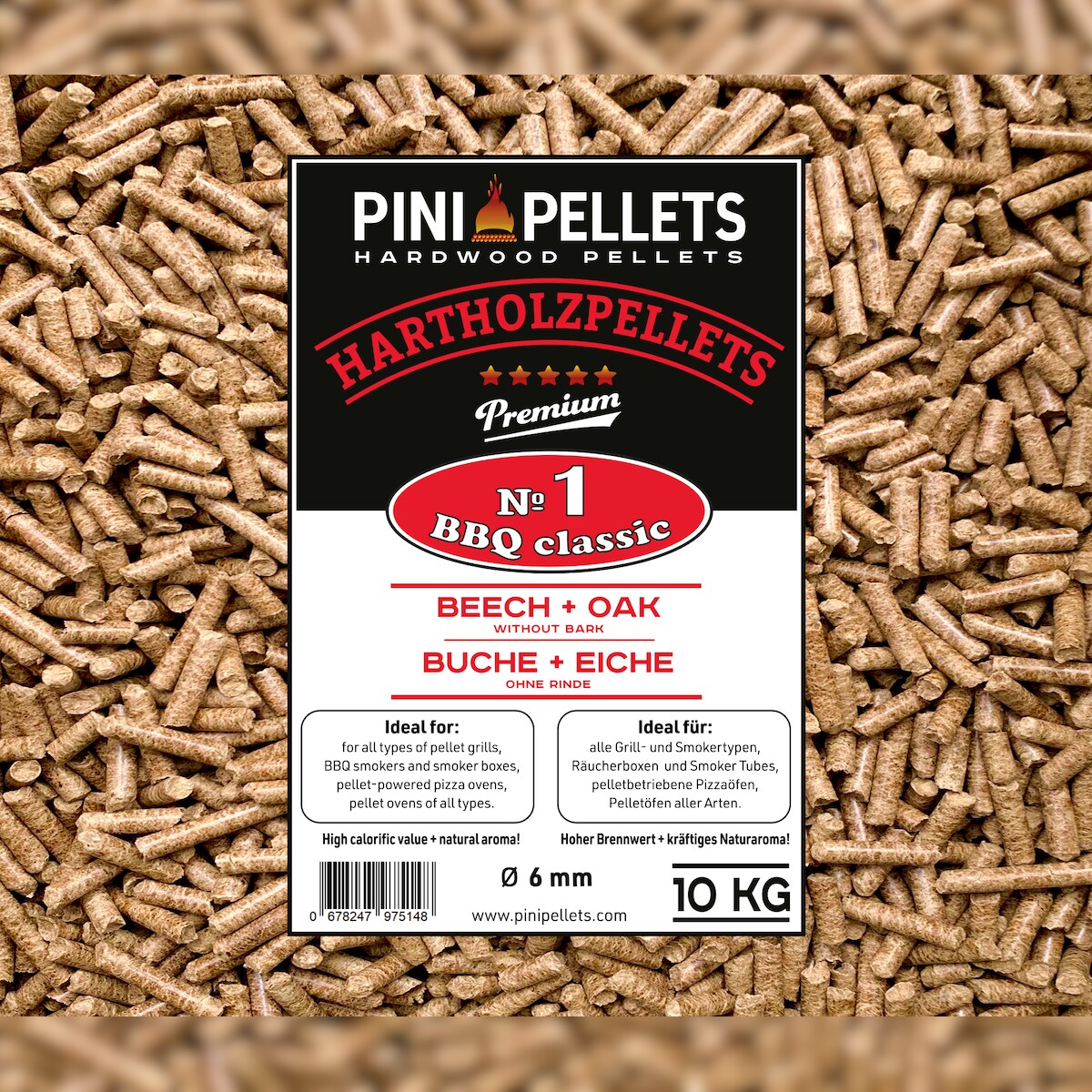 PINI Hartholzpellets Nr. 1 BBQ Classic 10 Kg Grillpellets zum Grillen Räuchern Smoken Image