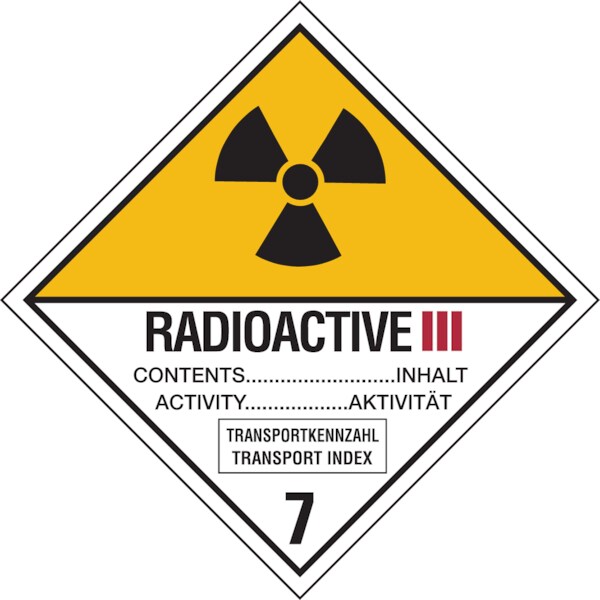 Gefahrzettel, Gefahrgutklasse 7C - Radioaktive Stoffe Kategorie III - GELB - 150x150 mm Folie selbstklebend Image