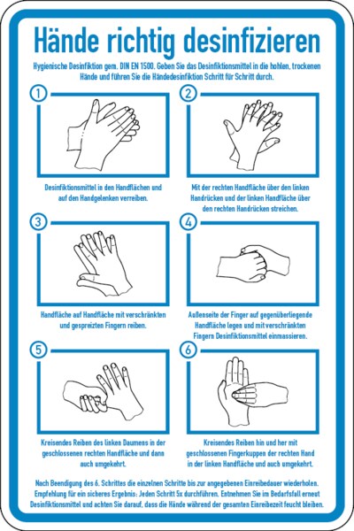 Hinweisschild, Hände richtig desinfizieren, 300 x 200 mm - DIN EN 1500 - 200x300x1.5 mm Kunststoff Image