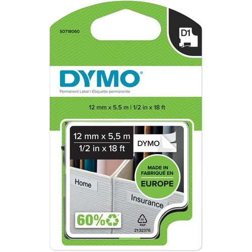 DYMO D1 S0718060 16959 Beschriftungsband Schwarz auf Weiß 12 mm (B) x 5,5 m (L) Image