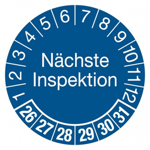 König Werbeanlagen Prüfplakette ab 26, Nächste Inspektion, blau/weiß, Folie, Ø 30 mm - Bogen = 10 Plaketten - 30 mm Folie selbstklebend Image