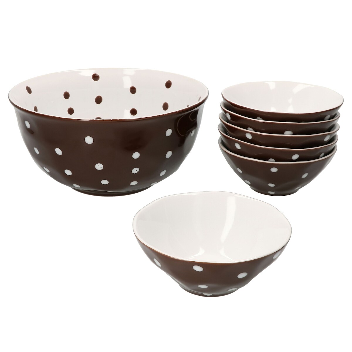 7tlg Set 6x Müslischale + Salatschüsel 24cm braun weiß gepunktet Image
