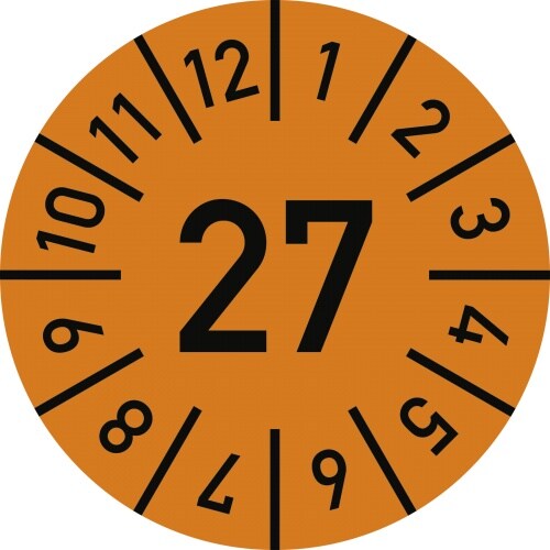 Dreifke® Prüfplakette Jahr 27 mit Monaten, orange, Folie-Spezialkl., Ø 10 mm, 10 St./Bo. Image